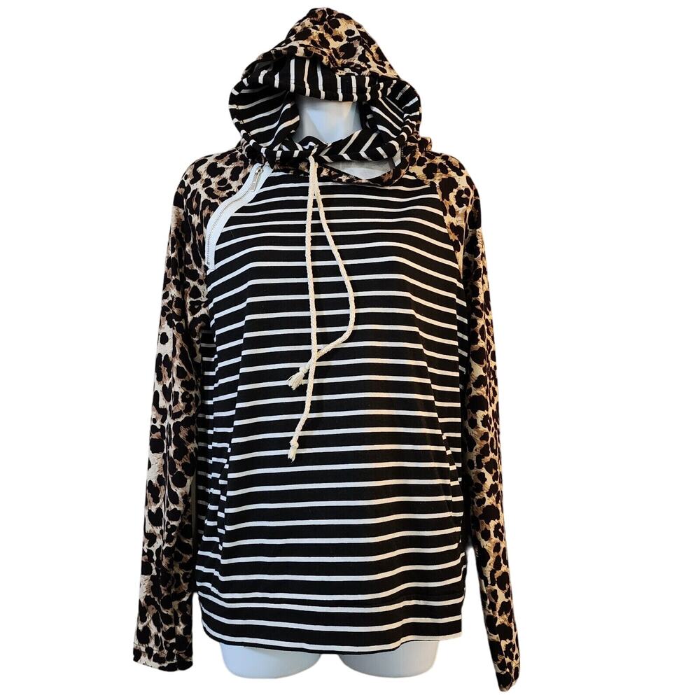 And The Why Womens Double Hooded Top Size S Striped Animal Print Pullover Zipper